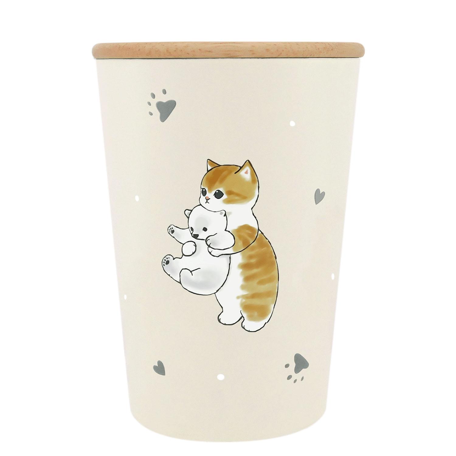 mofusand 2-Way Vacuum Double-Wall Tumbler M with Wooden Lid Office Work Desk Cup with Heat Retention/Cooling Function Holder Cute Cat Design 53-2038