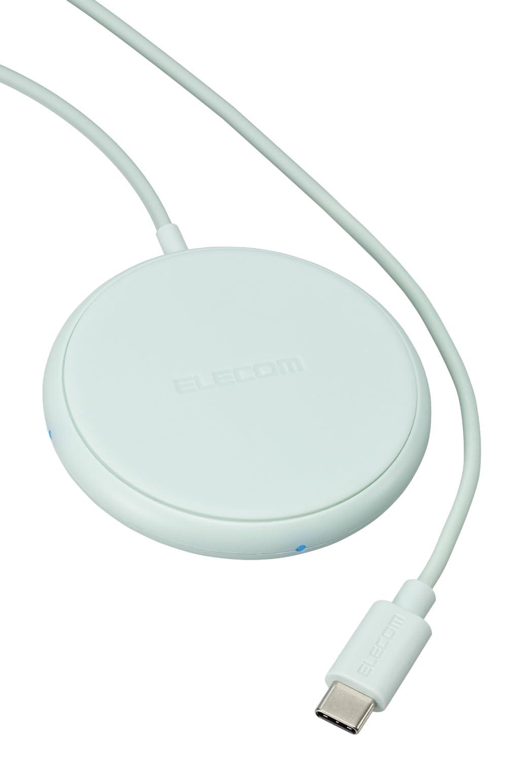 ELECOM Wireless Charger Qi Certified Compact Size 5W Integrated Cable (1m) Non-Slip Pad Operation Confirmation LED USB Charger Sold Separately Green W-QA25GN