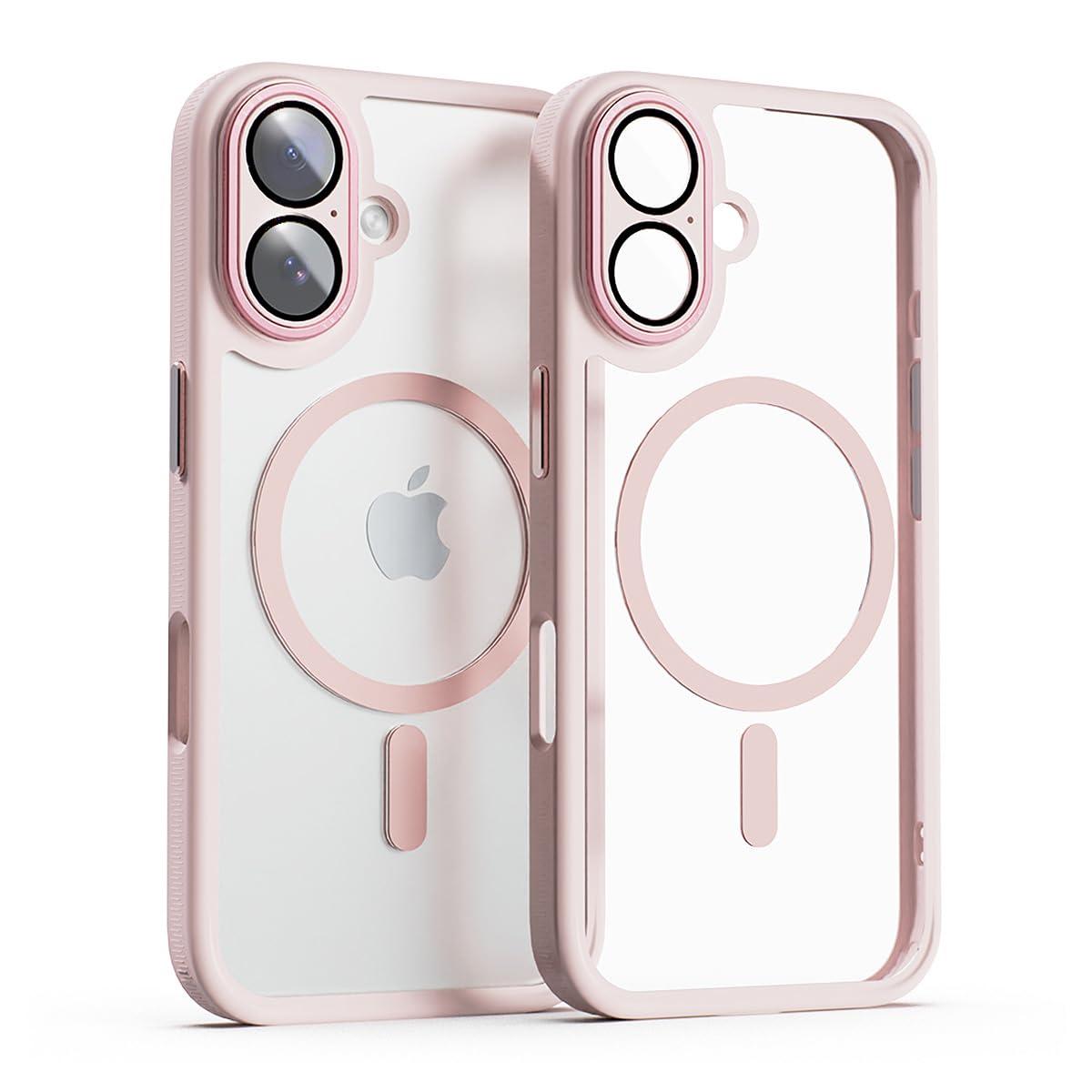 miak iPhone 16 Plus Case Lens Guard Integrated MagSafe Compatible Clear Case [Camera Lens Protection Aluminum Alloy Camera Frame & Buttons Shock Absorption Air Cushion Impact Resistant Dustproof Polycarbonate Back TPU Bezel] iPhone Protective Cover MA27197i16PL Pink