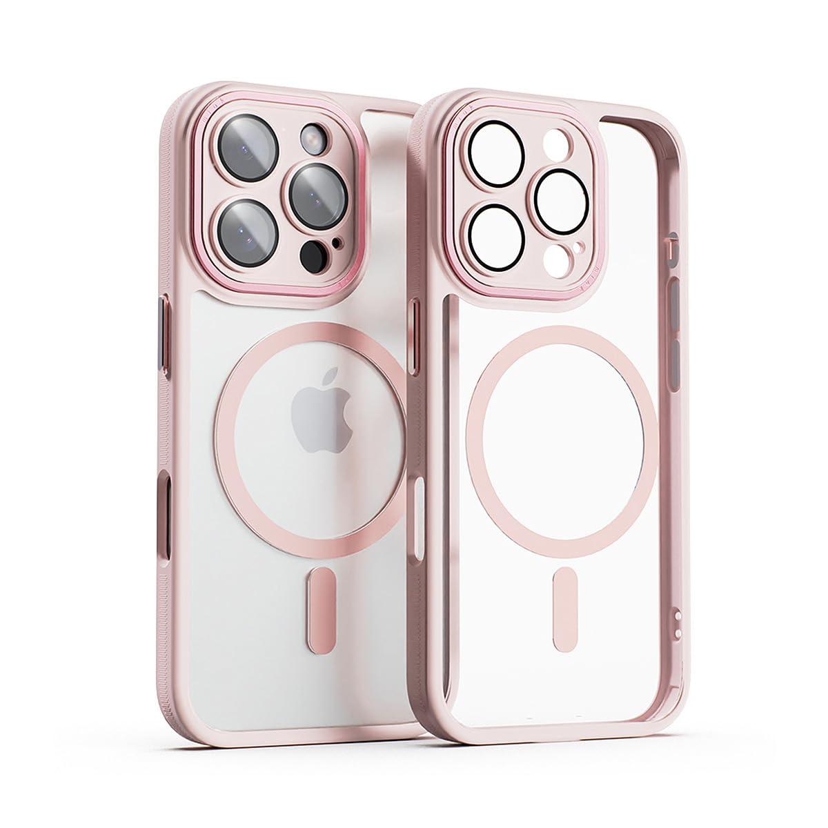 miak iPhone 16 Pro Case Lens Guard Integrated MagSafe Compatible Clear Case [Camera Lens Protection Aluminum Alloy Camera Frame & Buttons Shock Absorption Air Cushion Impact Resistant Dustproof Polycarbonate Back TPU Bezel] iPhone Protective Cover MA27198i16PR Pink