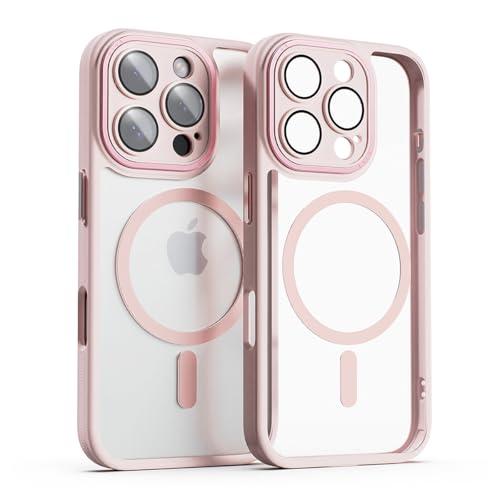 miak iPhone 16 Pro Max Case Lens Guard Integrated MagSafe Compatible Clear Case [Camera Lens Protection Aluminum Alloy Camera Frame & Buttons Shock Absorption Air Cushion Impact Resistant Dustproof Polycarbonate Back TPU Bezel] iPhone Protective Cover MA27199i16PM Pink