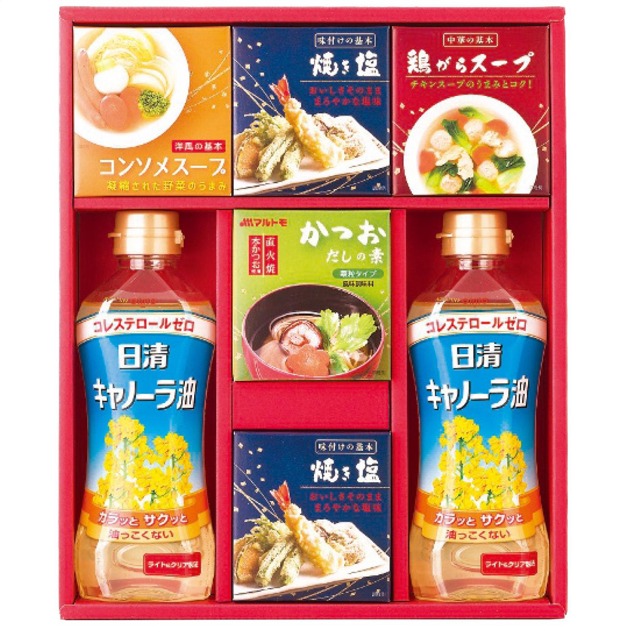 Variety Seasoning Gift Set (Nissin Canola Oil, Marutomo Bonito Flakes, Chicken Stock, Consommé Soup, Roasted Salt) Made in Japan 4226-030
