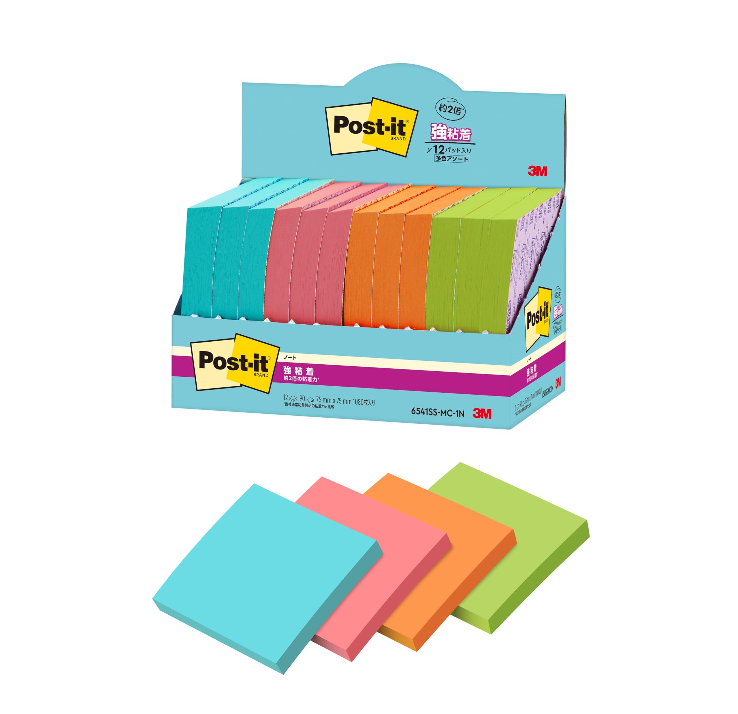 Post-it Notes, Strong Adhesive, Notebook, Multi-Color 1N, 75×75mm, 90 Sheets, 4 Colors, 3 Pads Each, Paper Box, 6541SS-MC-1N