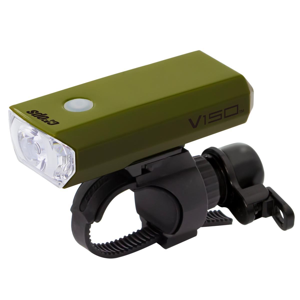 Crops V150 Sport Bell Set LED Headlight | AA Battery 150 Lumens Headlight Brass Bell C1R04-33B-0285 (Gravel Green)