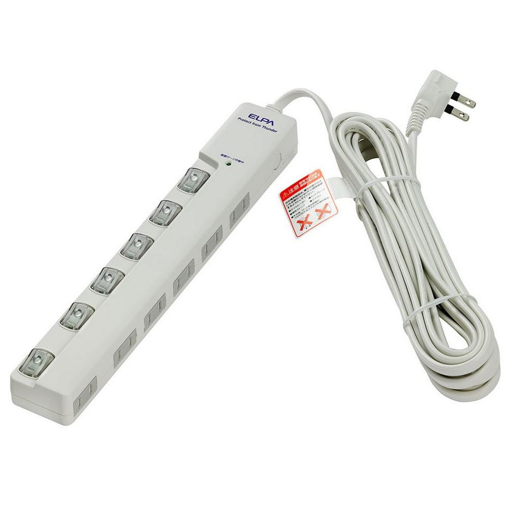 ELPA Switch-Equipped Tap Surge Protector Outlet Extension Cord LED Side-Insert 6 Outlets 5m WLS-LY650MB(W)