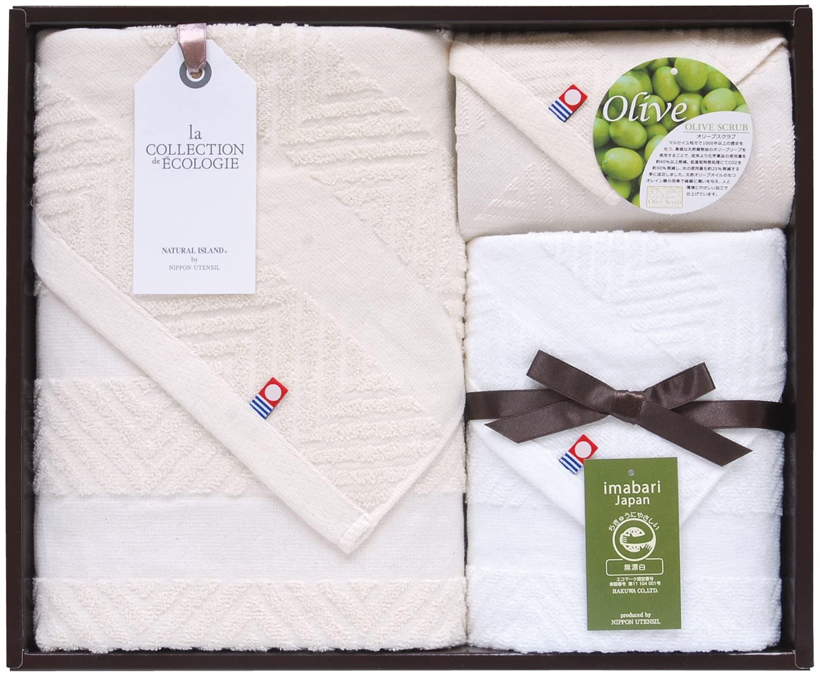 Japan U-Tensil Towel Set (1 Bath Towel, 1 Face Towel, 1 Hand Towel) Natural Island Imabari Olive Scrub II Eco Mark Certified Towel Set TNI4003015