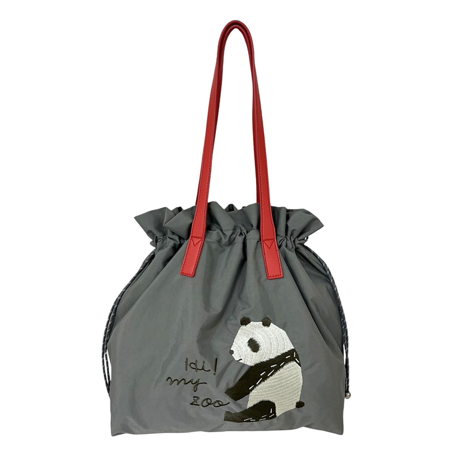 HI! MY ZOO Animal Embroidered Drawstring Tote Bag - Panda Gray