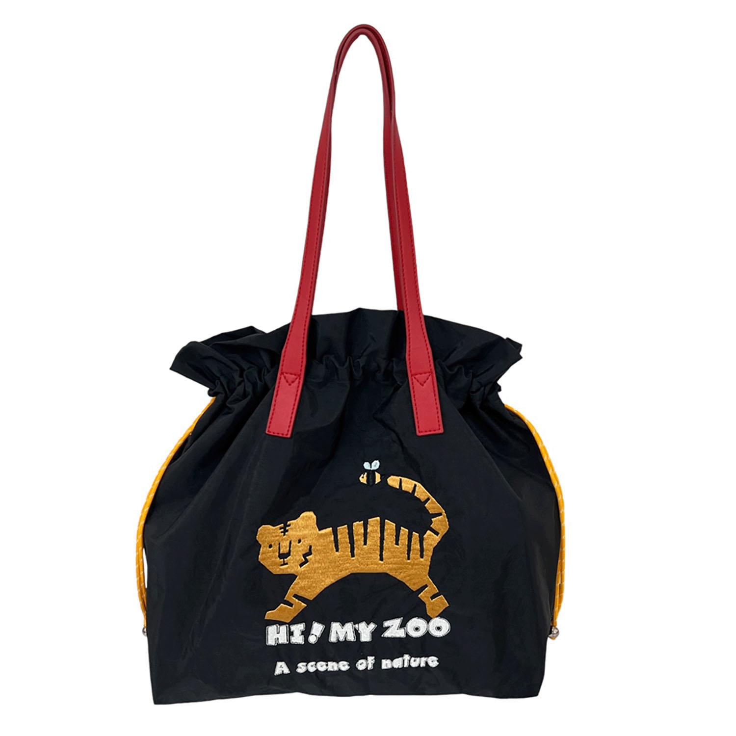 HI! MY ZOO Animal Embroidered Drawstring Tote Bag - Tiger/Black
