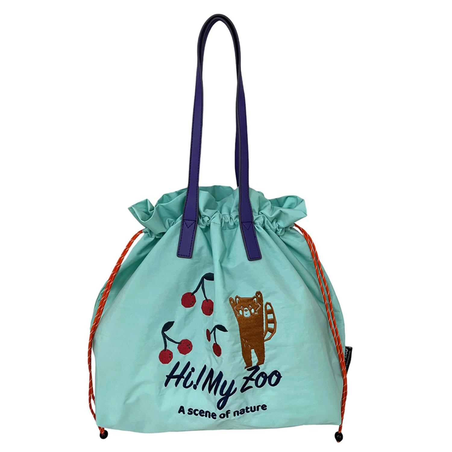 HI! MY ZOO Animal Embroidered Drawstring Tote Bag - Red Panda, Mint Green
