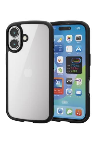 ELECOM iPhone 16 Case Clear Shockproof Impact Absorption Back Glass 9H Hardness Hybrid Slim Wireless Charging Lightweight Strap Hole Included Full-Perimeter Air Cushion Strap Holder Sheet Included Black PM-A24ATSLFCGBK