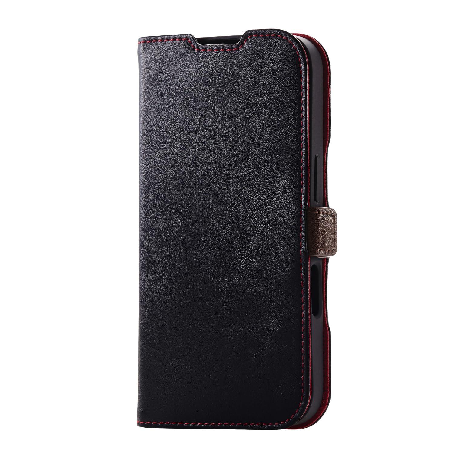 ELECOM iPhone 16 Pro Case Cover Wallet-Style Shock-Resistant Soft Leather Magnetic Closure Card Pockets ×2 Wireless Charging Compatible Stand Function Strap Hole Included 4-Corner Air Cushion Black PM-A24CPLFYBK