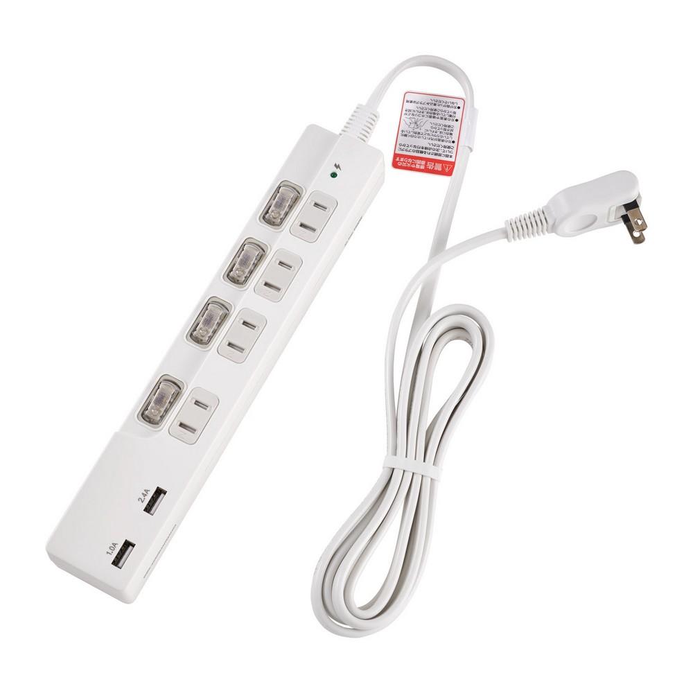 ELPA Power Strip with Individual Switches 4 AC Outlets, 2 USB-A Ports 2m Cord Length, Surge Protector WBK-4232SUA(W)