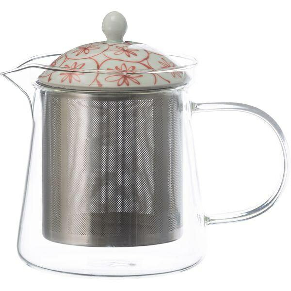 Hasami Ware Issho Pottery Glass Teapot Large Approx. 600ml (Includes Super Stainless Tea Strainer) Flower Basket Red Made in Japan 20499