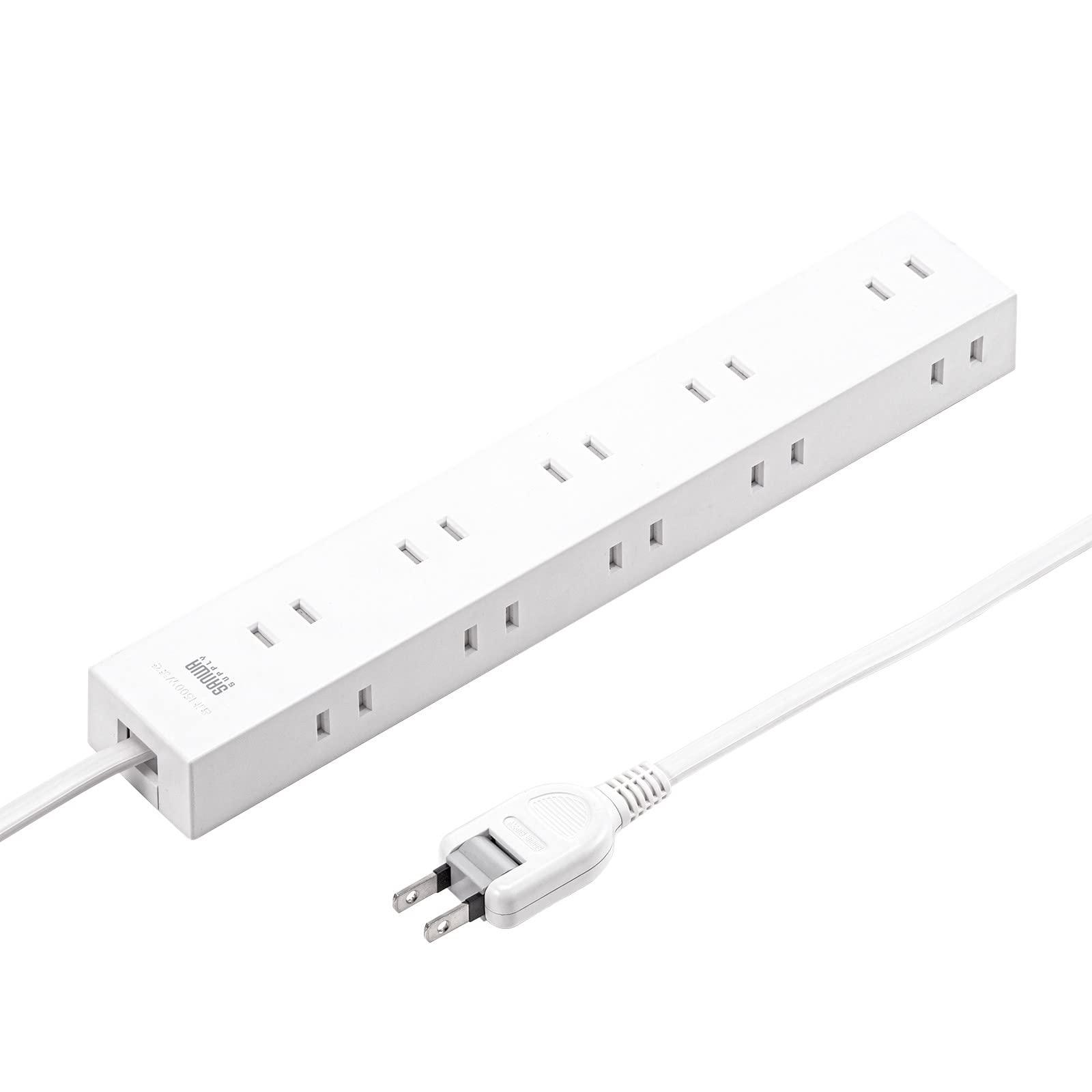 Sanwa Supply Power Strip 10 Outlets・2P (1m) Spacious Layout for Multiple Plugs Powerful Neodymium Magnets Dust Shutters Swing Plugs White TAP-2210-1W