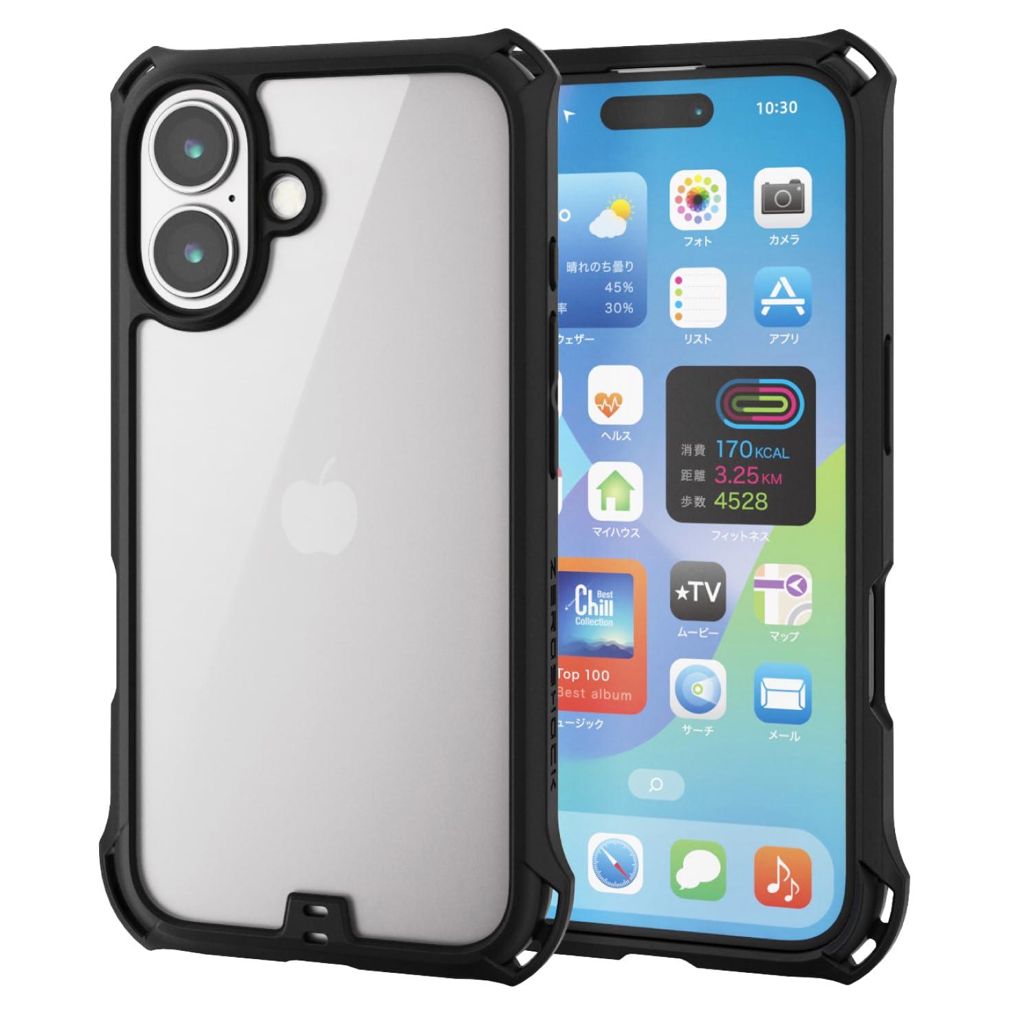 ELECOM iPhone 16 Case Clear Shockproof Impact Absorption ZEROSHOCK [Includes Screen Protector] 4 Corner Dampers Strap Hole Compatible with Wireless Charging Black PM-A24AZEROFCBK