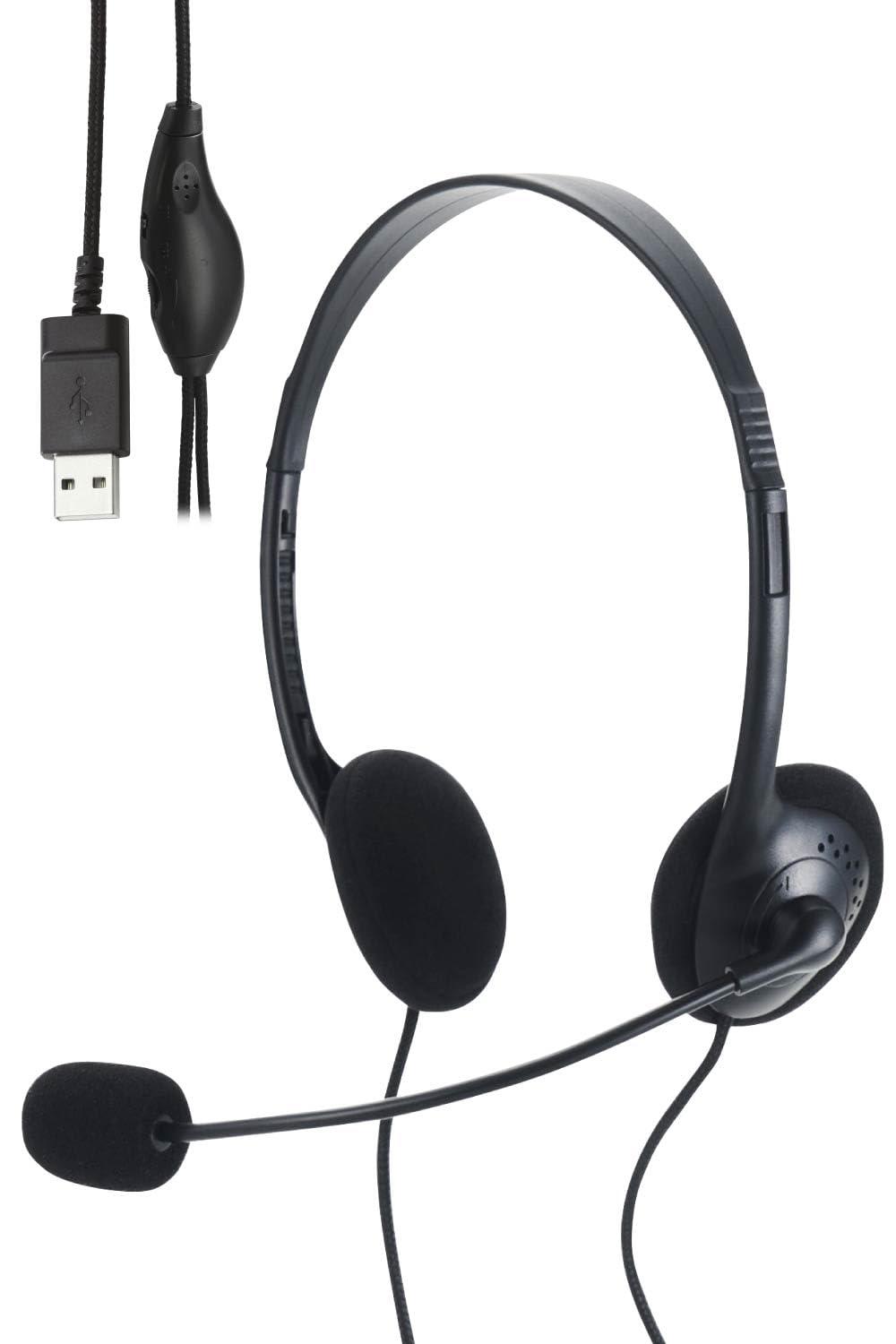 ELECOM Wired Headset with USB Microphone, Over-Ear, Binaural, Lightweight, Compact, Windscreen, Volume Controller, Black HS-HP14SUBK