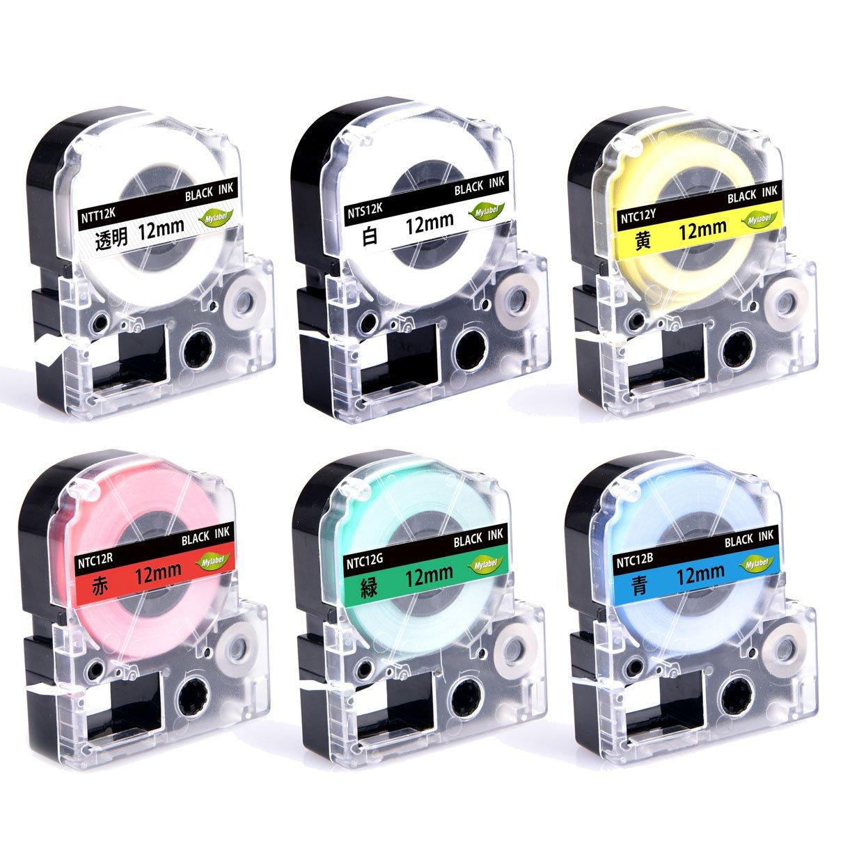 Mylabel King Jim Compatible Tape Cartridge for Tepla 12mm 6-Color Set: White, Transparent, Red, Yellow, Green, Blue Background with Black Text SC12-6P Length 8m Tepla PRO