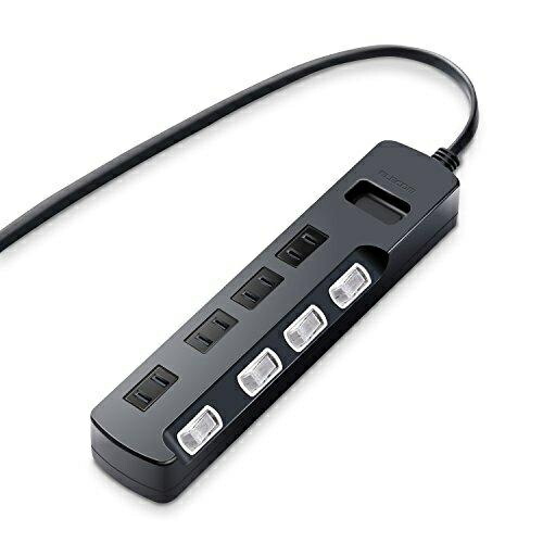 ELECOM Power Strip with Surge Protector, Individual Switches, Dust Shutters, Swing Plugs, 4 Outlets, 5m, Black AVT-K6A-2450BK