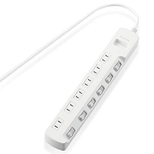 ELECOM Power Strip with Individual Switches, Energy Saving, Dust-Proof Shutters, Swing Plugs, 6 Outlets, 3m Cord, White T-E6A-2630WH