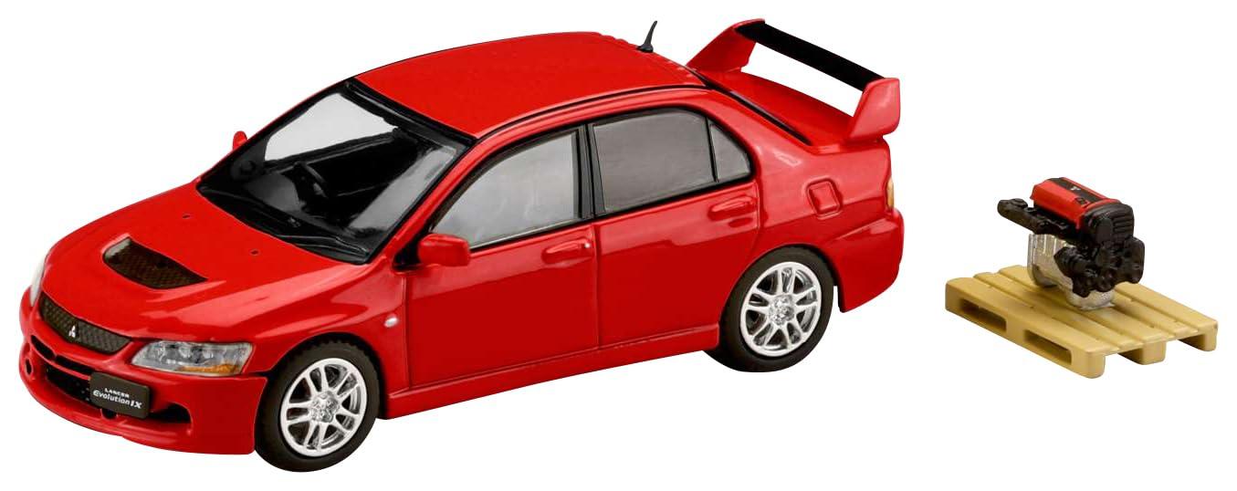 HJ64 1/64 Mitsubishi Lancer Evolution 9 GSR with Engine Display Model, Solid Red, Ready-to-Display