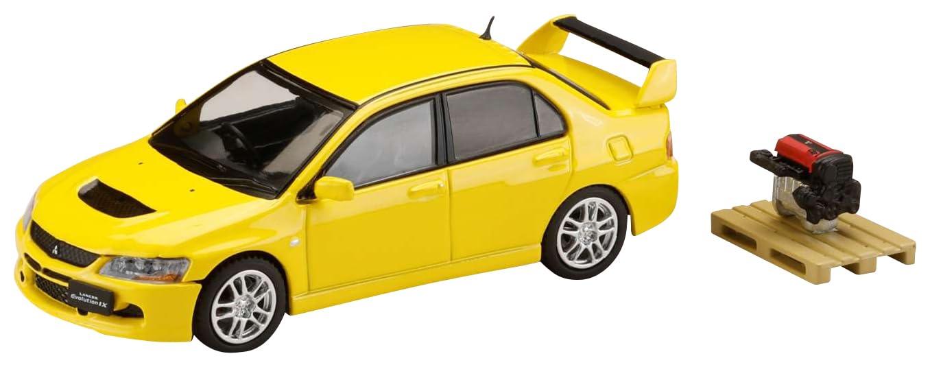 HJ64 1/64 Mitsubishi Lancer Evolution 9 GSR with Engine Display Model, Solid Yellow, Ready-to-Display
