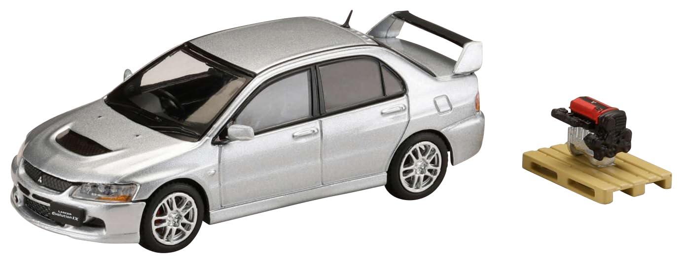HJ64 1/64 Mitsubishi Lancer Evolution 9 GSR with Engine Display Model, Cool Silver Metallic, Ready-to-Display