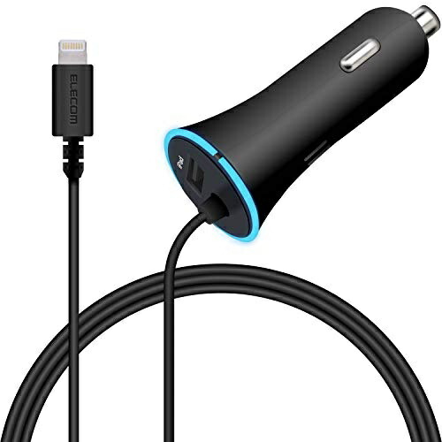 ELECOM Car Charger Cigarette Lighter Socket 24W Lightning Cable Integrated Lightning 1.5m USB-A ×1 Black MPA-CCL02BK