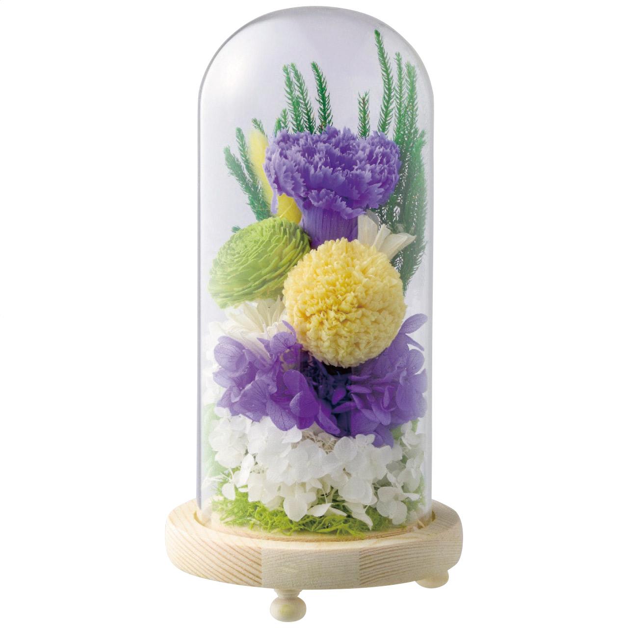 Soup Glass Dome Buddhist Flowers Hibi Hana A vibrant arrangement featuring the popular purple and yellow colors 7141-021