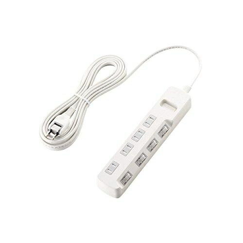 ELECOM Power Strip with Surge Protector, Individual Switches, Dust Shutters, 4 Outlets, 5m Cable, White T-K6A-2450WH