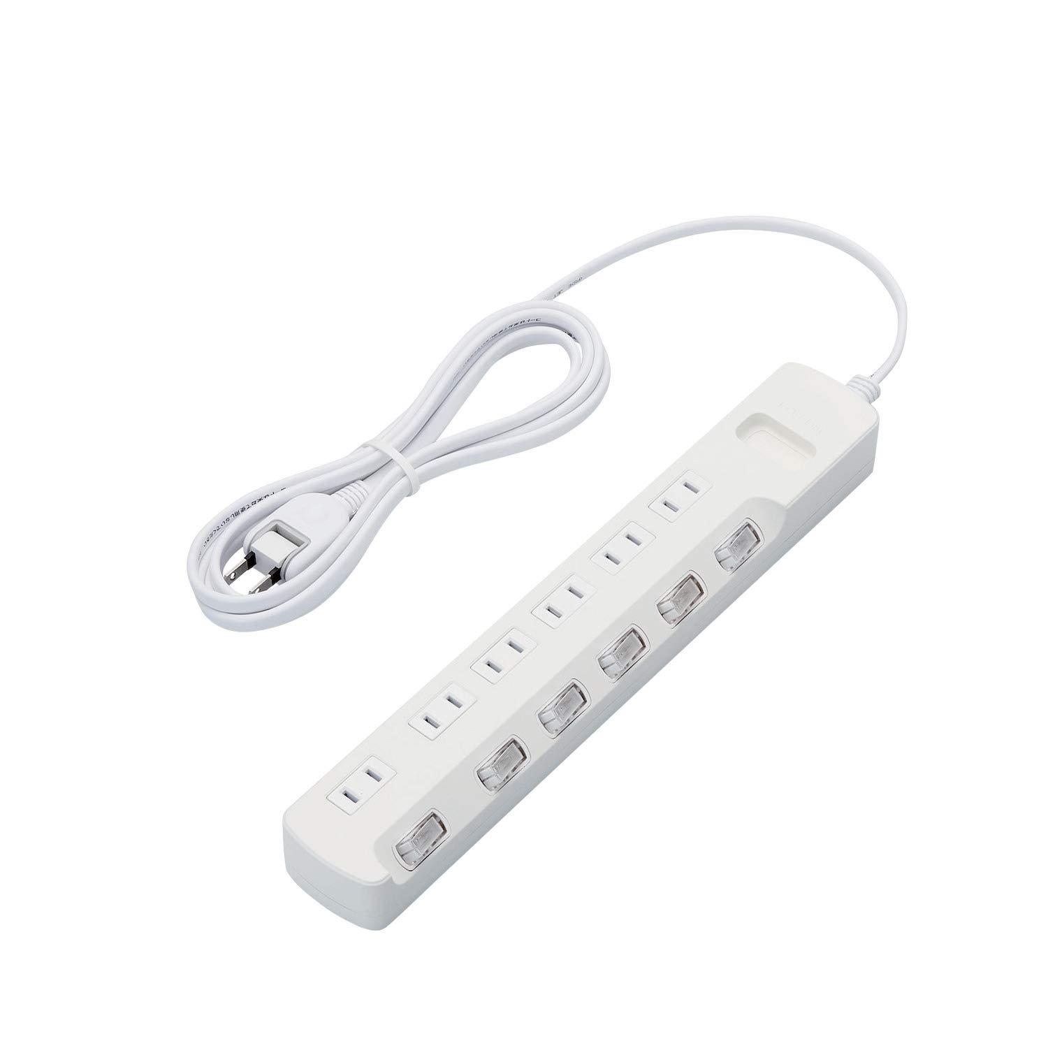 ELECOM Power Strip with Surge Protector, Individual Switches, Dust Shutters, 6 Outlets, 2.5m Cable, White T-K6A-2625WH