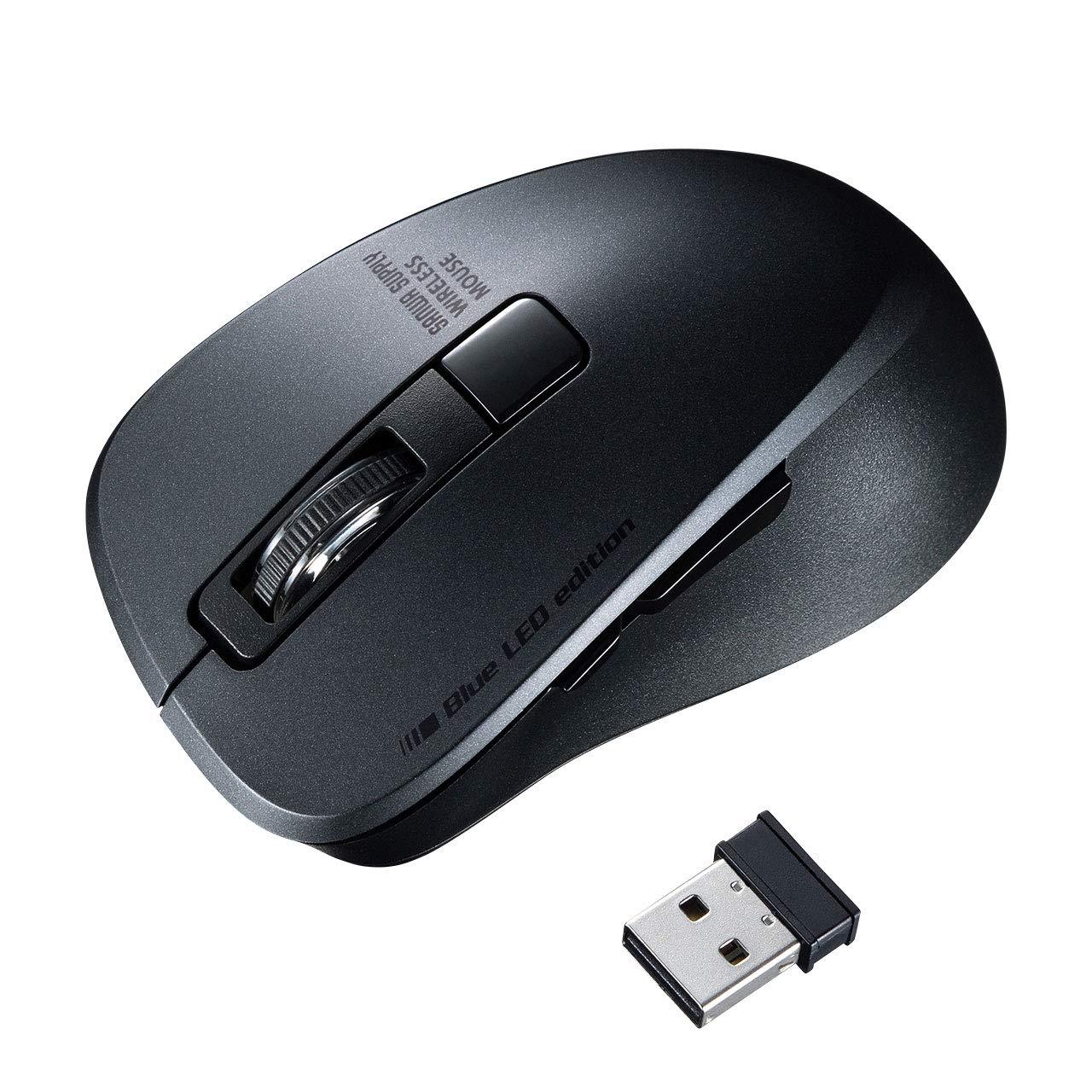 Sanwa Supply Wireless Mouse 2.4GHz (USB Type-A) Silent Blue LED 5-Button 1600dpi (2-Stage Switch) Compact Black MA-WBL153BK