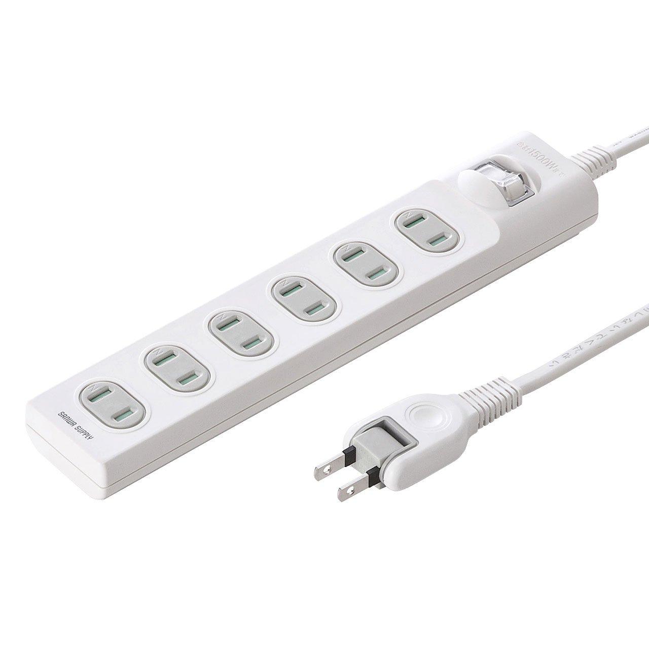 Sanwa Supply Power Strip with Fire Prevention Dust-Proof Shutters, Centralized Switch, Swing Plugs, 2P, 6 Outlets (5m) White TAP-TSH65SWN