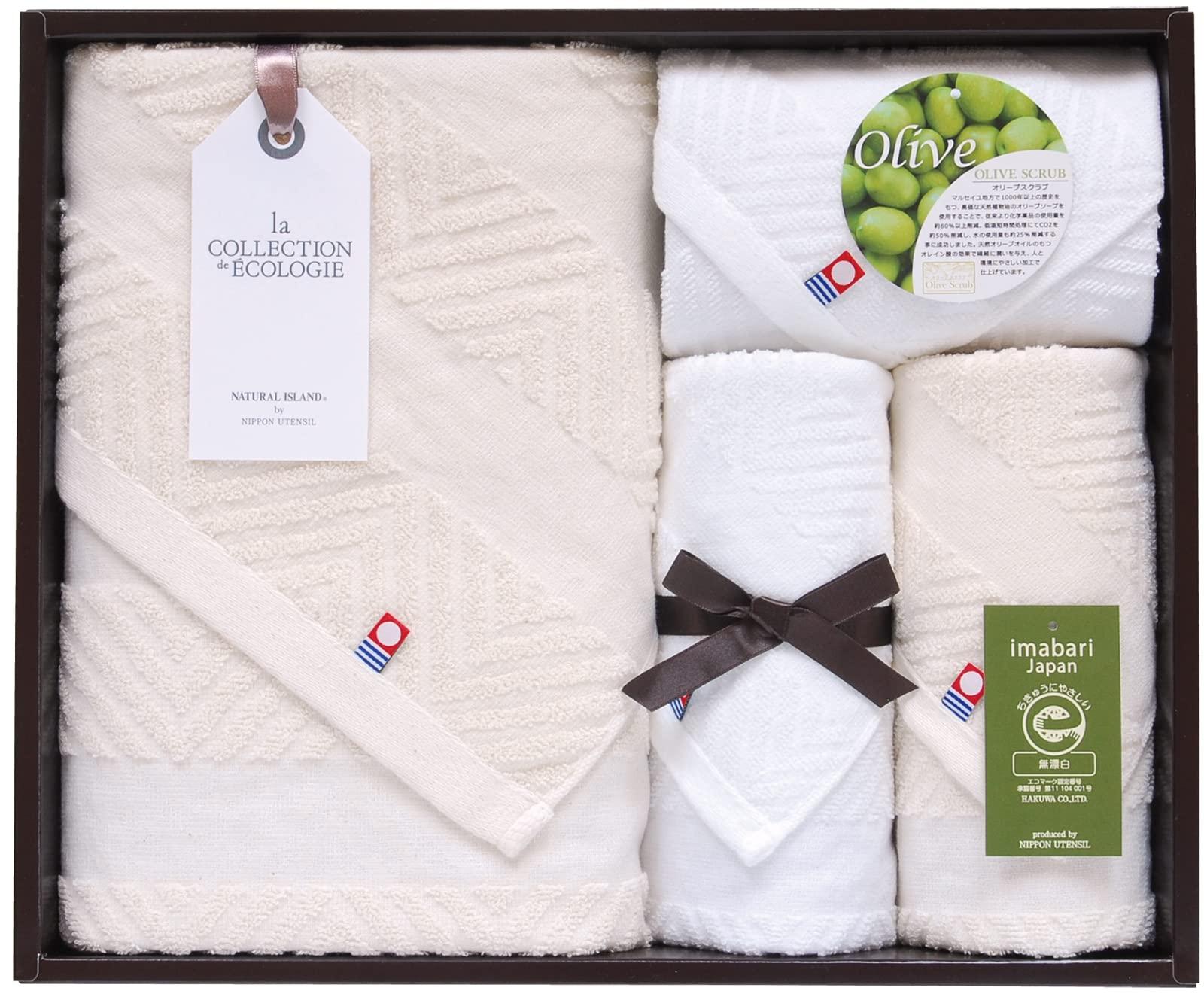 Japan U-Tensil Towel Set (1 Bath Towel, 2 Face Towels, 1 Hand Towel) Natural Island Imabari Olive Scrub II Eco Mark Certified Towel Set TNI5003016