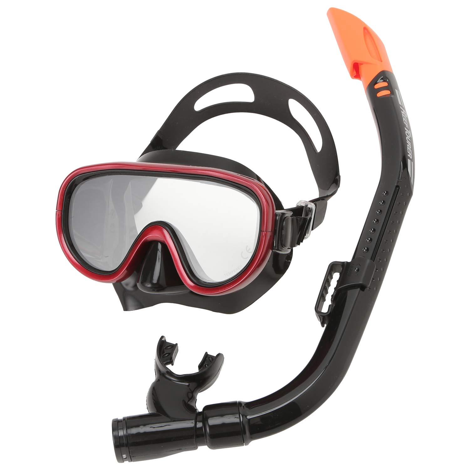 Reef Tourer Snorkeling Set - Adult 2-Piece Set: Silicone Snorkel & Mask - Black Metallic Dark Red RC0110