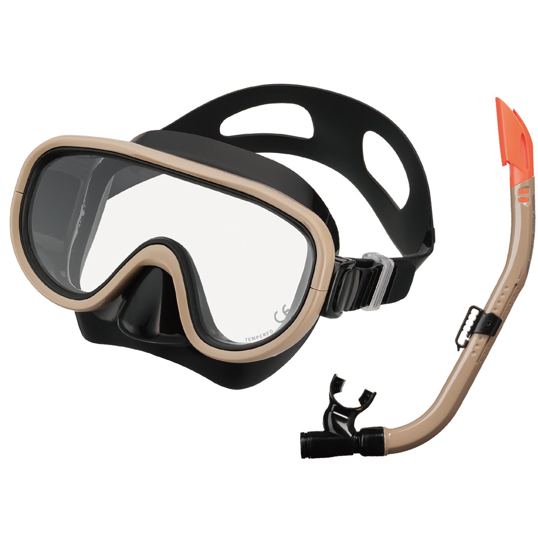 Reef Tourer Snorkeling Set for Ages 10 and Up Outdoor Model 2-Piece Set Black Tan RC0117 Features a snorkel that minimizes water intake even when submerged by waves and a wide-view single-lens mask.