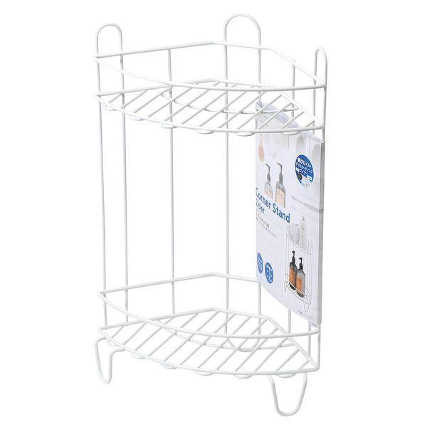 Pearl Metal Bathroom Storage Corner Stand 2-Tier Wire Double-Coated Shampoo Rinse White Bath Style HC-177