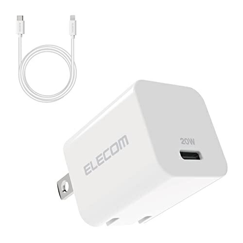 ELECOM iPhone Charger Type-C ×1 Port USB PD Compatible 20W with Cable (USB-C & Lightning 1.5m) Compact Foldable Plug Design White MPA-ACLP04WH