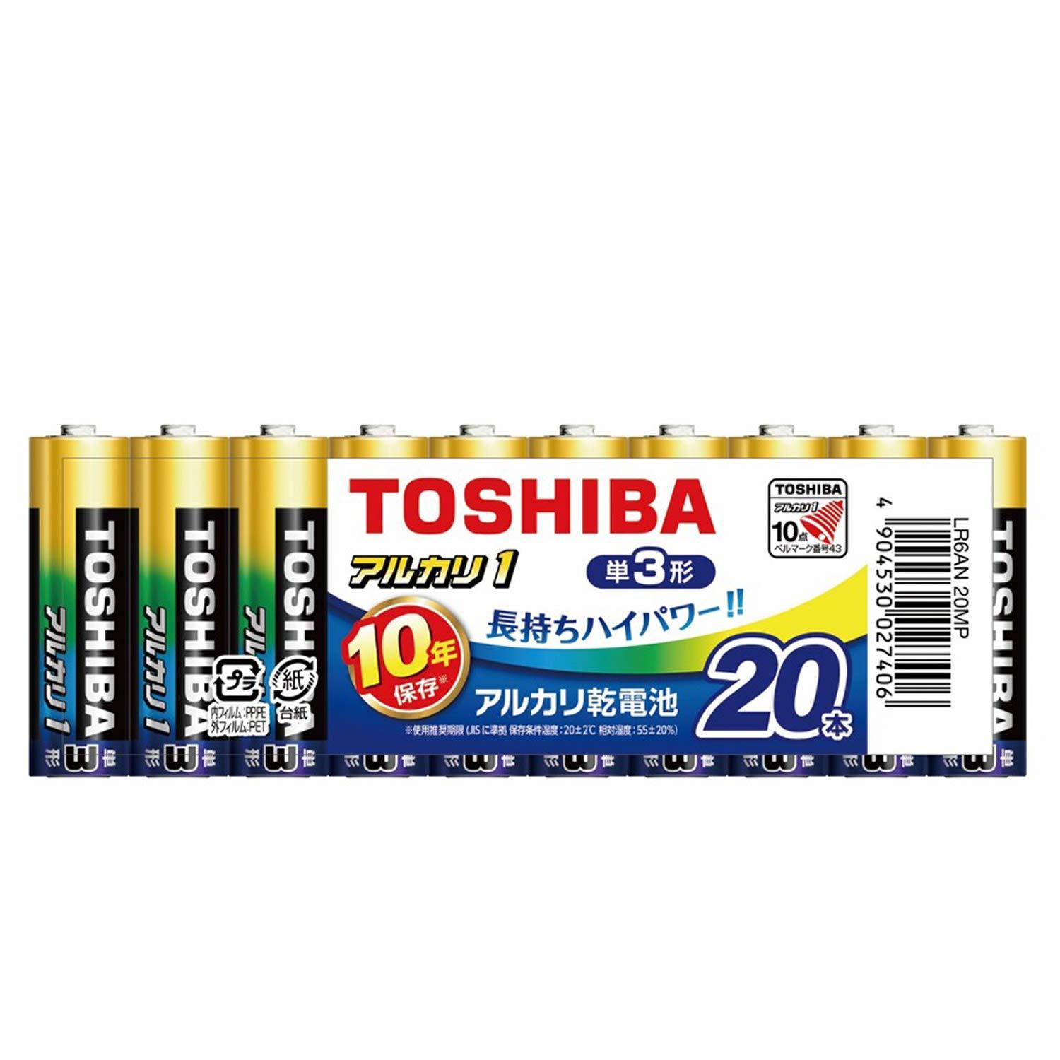 TOSHIBA Alkaline Dry Cell Batteries AA Size 20-Pack 1.5V Recommended Use Period 10 Years Leak-Proof Design Alkaline 1 Value Pack LR6AN 20MP