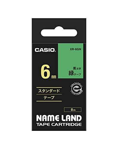 Genuine Casio LabelWriter NameLand Tape 6mm XR-6GN Black Text on Green Background