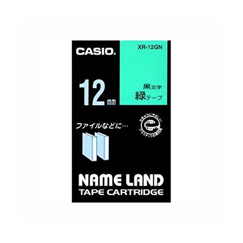 Genuine Casio LabelWriter NameLand Tape 12mm XR-12GN Black Text on Green Background