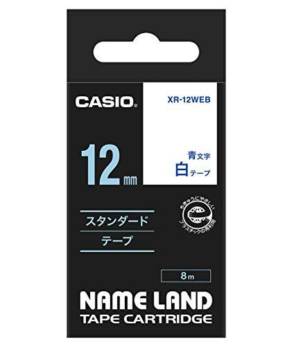 Genuine Casio LabelWriter NameLand Tape 12mm XR-12WEB White Background with Blue Text