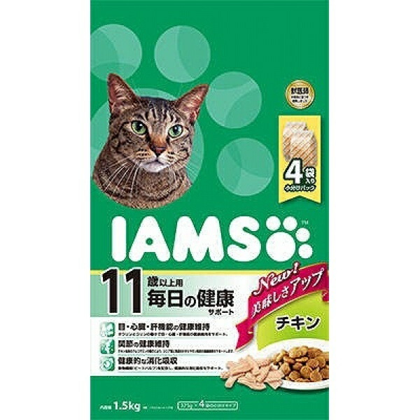 IAMS Cat Food for Cats 11+ Years Recommended 1.5kg (375g x 4 bags) Chicken Complete and Balanced Nutrition Cat Food Dry Food Supports Eye, Heart, and Liver Health Maintains Joint Health Promotes Healthy Digestion and Absorption Developed with Veterinary Expertise Delicious Taste for Healthy Maintenance Senior IAMS