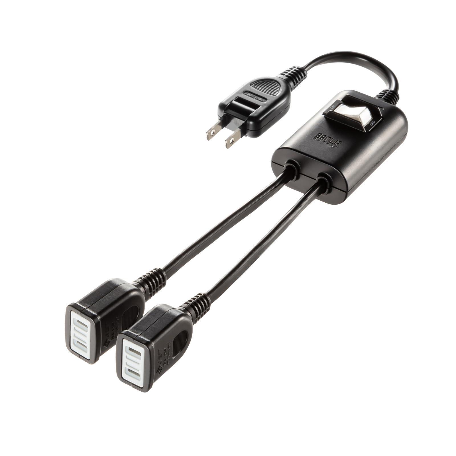 Sanwa Supply Power Extension Cord with Centralized Switch (2P, 2-Way Splitter, 2 Outlets, Black) TAP-EX2SWBK