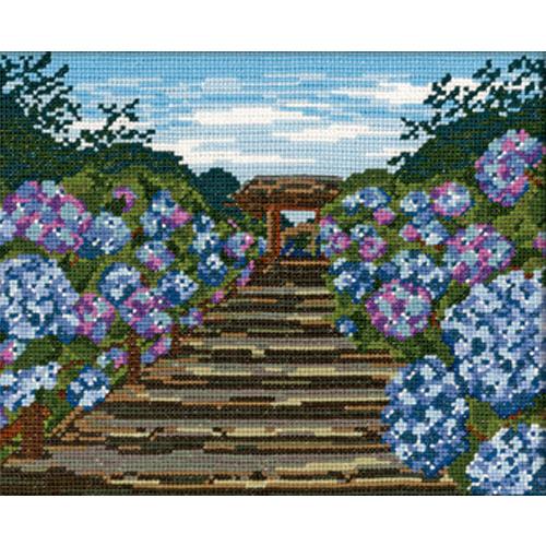 Olimpas Silk Cross Stitch Embroidery Kit Famous Places Series: Hydrangeas at Meigetsuin Temple, Kamakura Off-White 7460