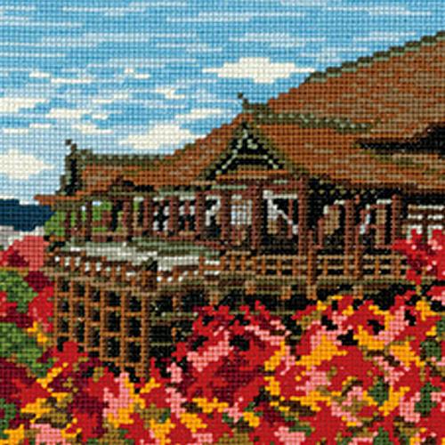 Olympus Silk Cross Stitch Embroidery Kit Famous Places Series: Autumn Leaves and Kiyomizu Temple Beige 7461