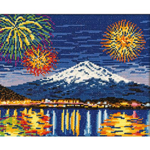 Olympus Silk Cross Stitch Embroidery Kit Famous Places Series: Lake Kawaguchi Winter Fireworks and Mount Fuji Beige 7462