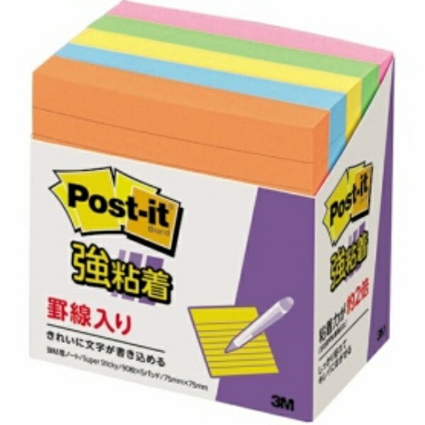 Post-it Notes, Strong Adhesive, Ruled, Neon Colors, 75×75mm, 90 Sheets × 5 Packs, 630-5SSAN