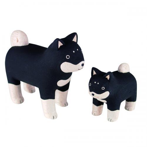 Wood Carving Animal Decor Shiba Inu Parent and Child Pole Pole