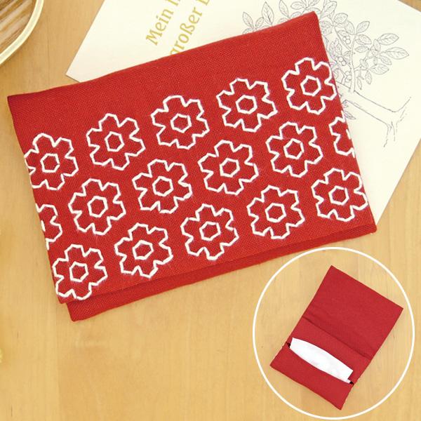 Olimpas Silk Sashiko Kit: Single-Stitch Tissue Case - Flower - Red SK301