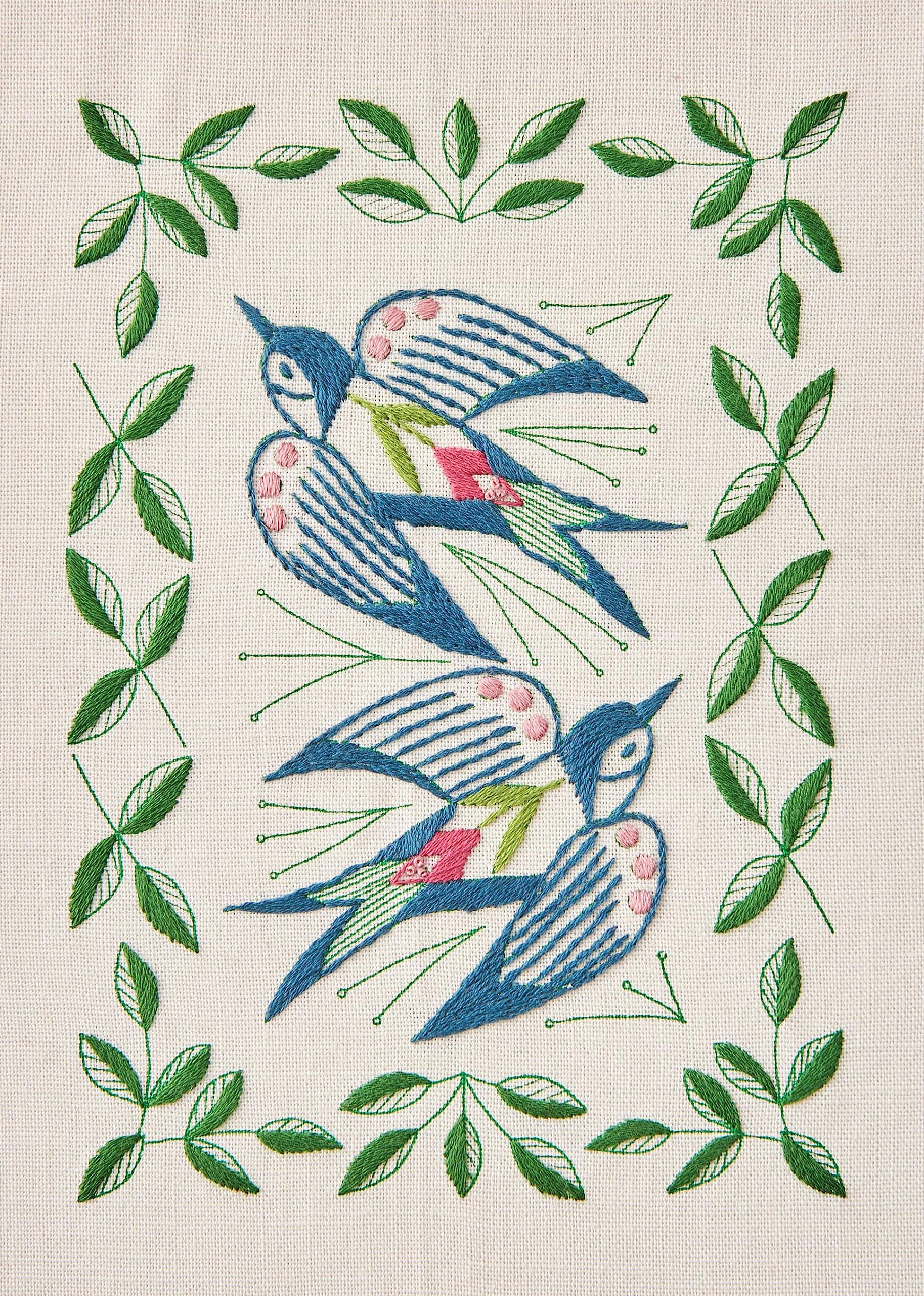 Cosmo Macabe Alice Enjoy Embroidery Printed Fabric Swallow and Plant Pattern Pale Gray 7-Color Embroidery Thread Set 542303